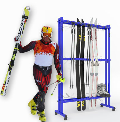 Стеллаж для беговых лыж «Стандарт» мобильный двухсторонний. С вешалкой для лыжных палок 