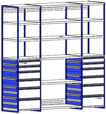Модульный тройной стеллаж с выдвижными ящиками 2000х2020х540 мм (Модульная система металлической мебели ЗМК)